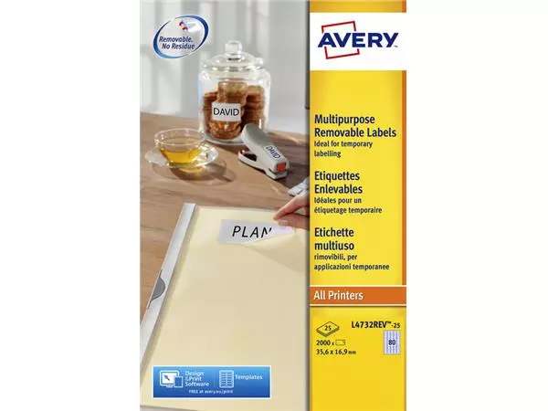 Een Etiket Avery L4732REV-25 35.6x16.9mm afneembaar wit 2000stuk koop je bij NiceSupplies.nl