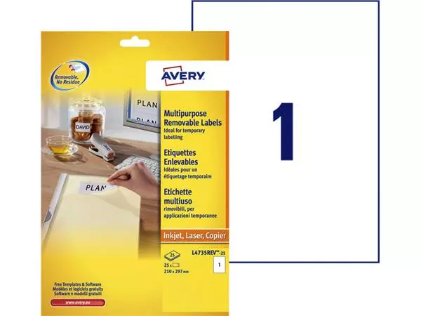 Een Etiket Avery L4735REV-25 210x297mm A4 afneembaar wit 25stuks koop je bij NiceSupplies.nl