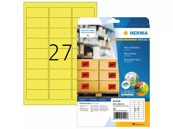 Een Etiket HERMA 5140 63.5x29.6mm neongeel 540stuks koop je bij Van Leeuwen Boeken- en kantoorartikelen