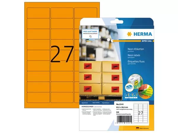 Etiket HERMA 5141 63.5x29.6mm neonoranje 540stuks