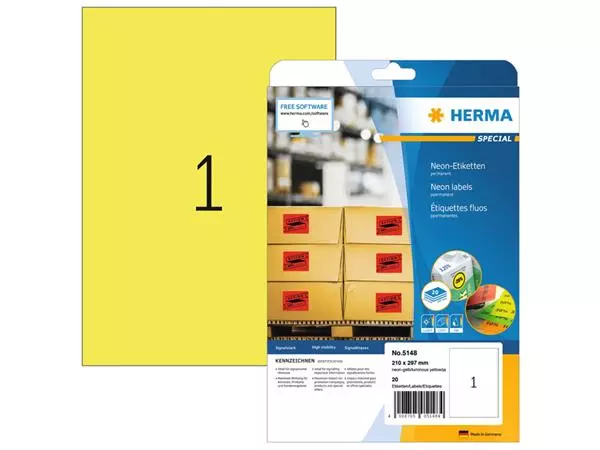 Een Etiket HERMA 5148 210x297mm A4 fluor geel 20stuks koop je bij NiceSupplies.nl