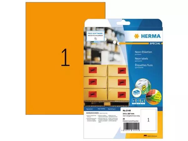 Een Etiket HERMA 5149 210x297mm A4 fluor oranje 20stuks koop je bij NiceSupplies.nl