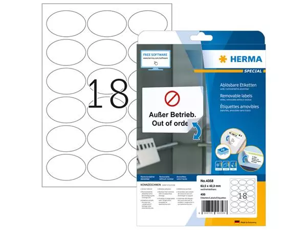 Een Etiket HERMA 4358 63.5x42.3mm verwijderbaar ovaal 450stuks koop je bij KantoorProfi België BV