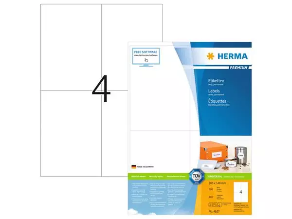 Een Etiket HERMA 4627 105x148mm A6 premium wit 800stuks koop je bij De Joma BV