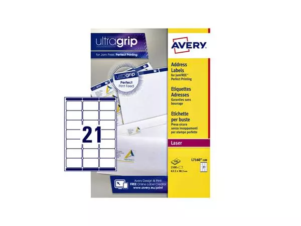 Een Etiket Avery L7160-100 63.5x38.1mm wit 2100stuks koop je bij EconOffice
