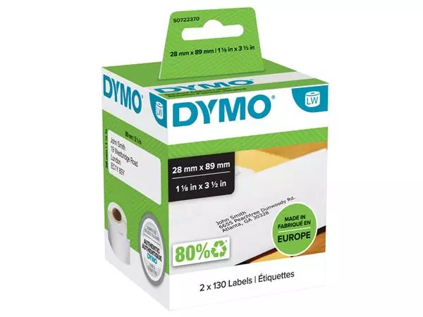 Een Etiket Dymo LabelWriter adressering 28x89mm 2 rollen á 130 stuks wit koop je bij MV Kantoortechniek B.V.