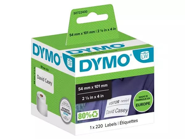 Een Etiket Dymo LabelWriter naamkaart 54x101mm 1 rol á 220 stuks wit koop je bij Totaal Kantoor Goeree