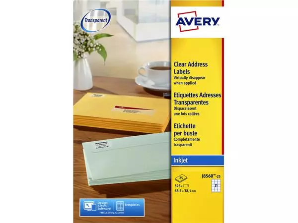 Een Etiket Avery J8560-25 63.5x38.1mm transparant 525stuks koop je bij Goedkope Kantoorbenodigdheden