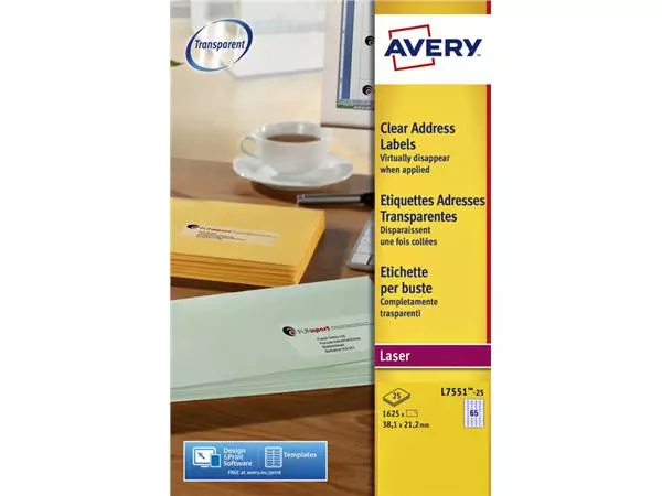 Een Etiket Avery L7551-25 38.1x21.1mm transparant 1625stuks koop je bij KantoorProfi België BV
