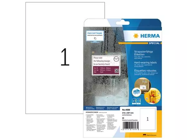 Een Etiket HERMA 4698 210x297mm weerbestendig wit 25stuks koop je bij KantoorProfi België BV