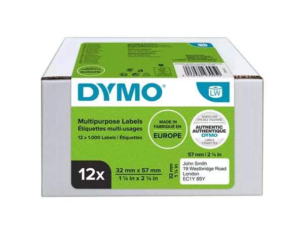 Een Etiket Dymo LabelWriter multifunctioneel 32x57mm 12 rollen á 1000 stuks wit koop je bij Van Leeuwen Boeken- en kantoorartikelen