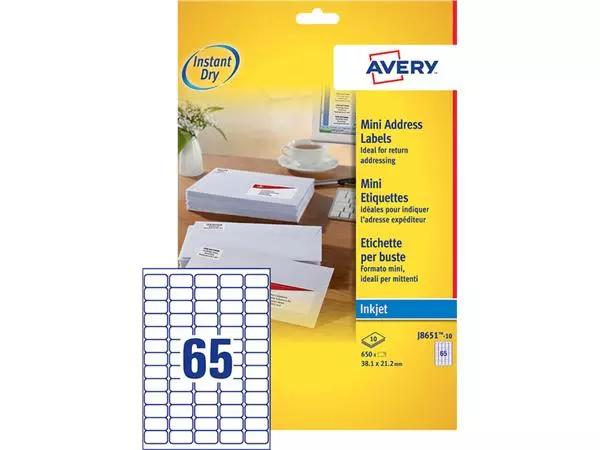 Een Etiket Avery J8651-10 38.1x21.2mm wit 650stuks koop je bij Van Hoye Kantoor BV