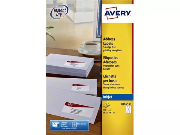 Een Etiket Avery J8160-10 63.5x38.1mm wit 210stuks koop je bij MV Kantoortechniek B.V.
