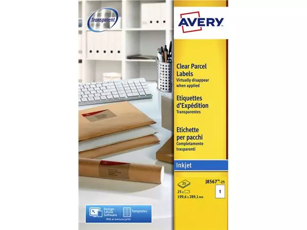 Een Etiket Avery J8567-25 210x297mm A4 transparant 25stuks koop je bij KantoorProfi België BV