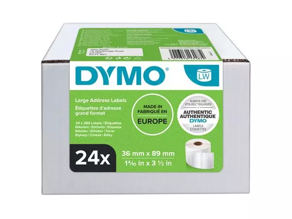 Een Etiket Dymo LabelWriter adressering 36x89mm 24 rollen á 260 stuks wit koop je bij Buro De Peuter