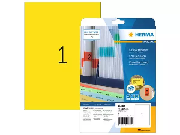Een Etiket HERMA 4421 210x297mm verwijderbaar A4 geel 20stuks koop je bij KantoorProfi België BV