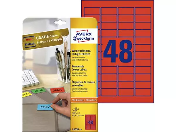 Een Etiket Avery Zweckform L6038-20 45.7x21.2mm rood 960stuks koop je bij Van Leeuwen Boeken- en kantoorartikelen