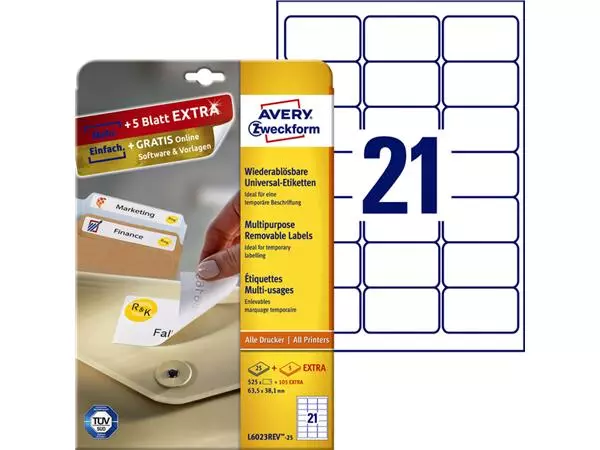 Een Etiket Avery Zweckform L6023REV-25 63.5x38.1mm afneembaar wit 525stuks koop je bij Ziffo Kantoorcentrum BV