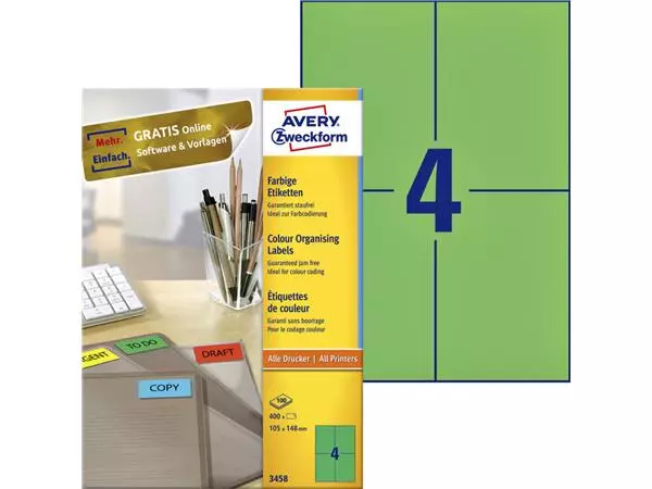 Een Etiket Avery Zweckform 3458 105x148mm A6 groen 400stuks koop je bij EconOffice