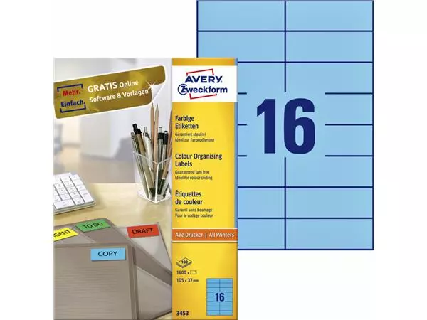 Een Etiket Avery Zweckform 3453 105x37mm blauw 1600stuks koop je bij EconOffice