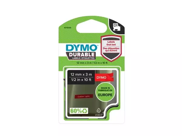 Een Labeltape Dymo LabelManager D1 polyester 12mm wit op rood koop je bij Van Hoye Kantoor BV