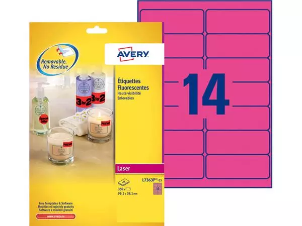 Een Etiket Avery L7363P-25 99.1x38.1mm neon roze 340stuks koop je bij KantoorProfi België BV