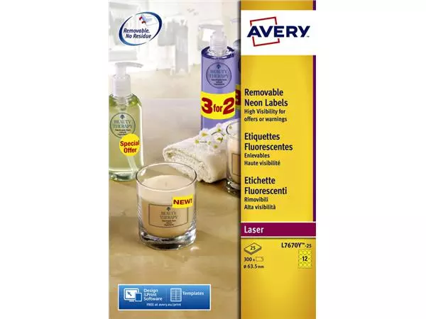 Een Etiket Avery L7670-25 63.5mm rond neon geel 300stuks koop je bij Goedkope Kantoorbenodigdheden