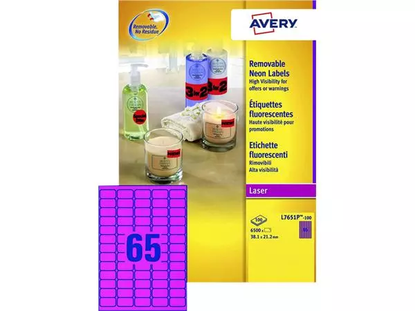 Etiket Avery L7651PF-100 38.1x21.2mm neon roze 6500stuks