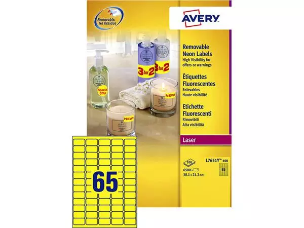 Een Etiket Avery L7651Y-100 38.1x21.2mm neon geel 6500stuks koop je bij Kantoorvakhandel van der Heijde