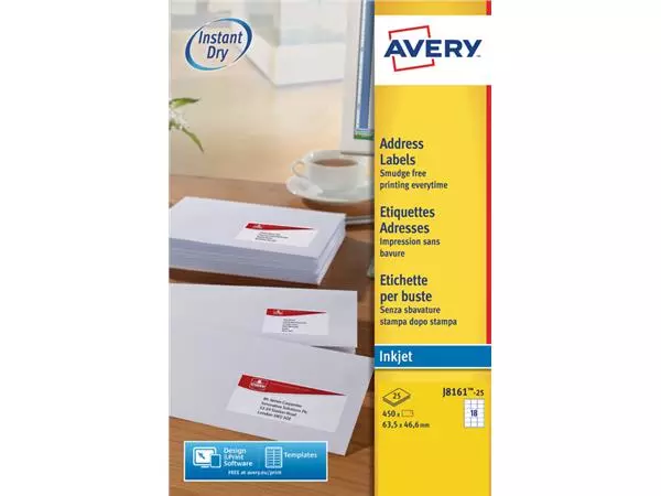 Een Etiket Avery J8161-25 63.5x46.6mm wit 450stuks koop je bij De Angelot