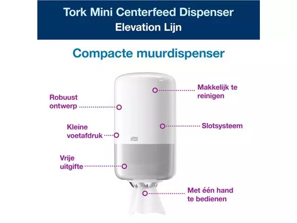 Een Poetspapierdispenser Tork Mini centerfeed M1 Elevation wit 558000 koop je bij Kantoorvakhandel van der Heijde