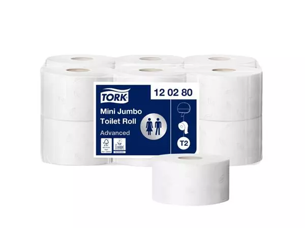 Een Toiletpapier Tork Mini Jumbo T2 advanced 2-laags 12 rollen wit 120280 koop je bij NiceSupplies.nl