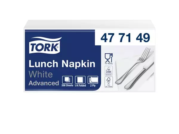 Een Servetten Tork 2-laags 1/4 gevouwen 200 stuks wit 477149 koop je bij Unimark Office B.V.