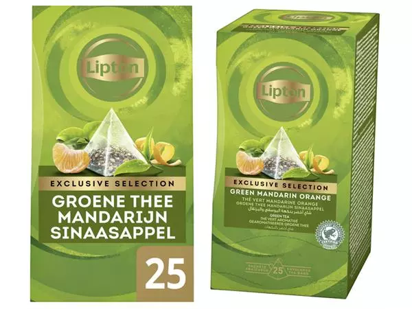 Een Thee Lipton Exclusive groene thee mandarijn sinaasappel 25 pramidezakjesx2gr koop je bij Kantoorvakhandel van der Heijde