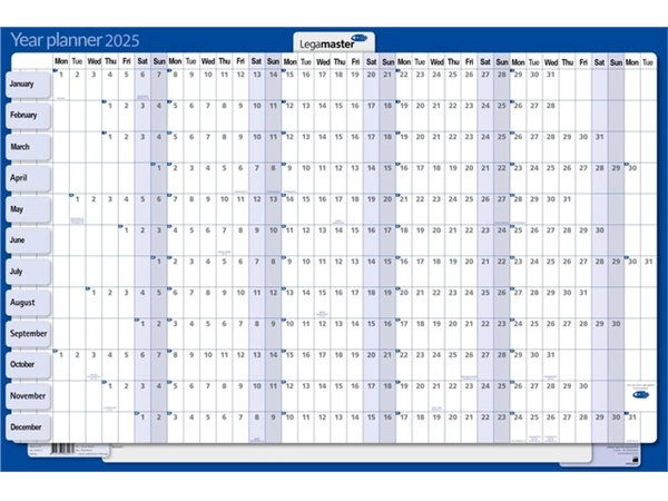 Een Jaarplanner 2025 Legamaster 90x60cm horizontaal gelamineerd en oprolbaar Engelstalig koop je bij KantoorProfi België BV