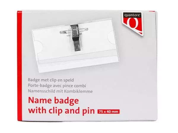 Een Badge Quantore met clip en speld 40x75mm koop je bij Kantoorvakhandel van der Heijde