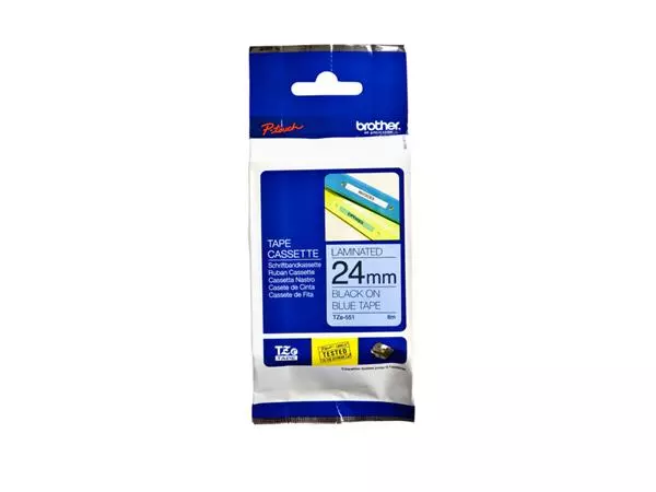 Een Labeltape Brother P-touch TZe-551 standaard 24mm zwart op blauw koop je bij Buro De Peuter