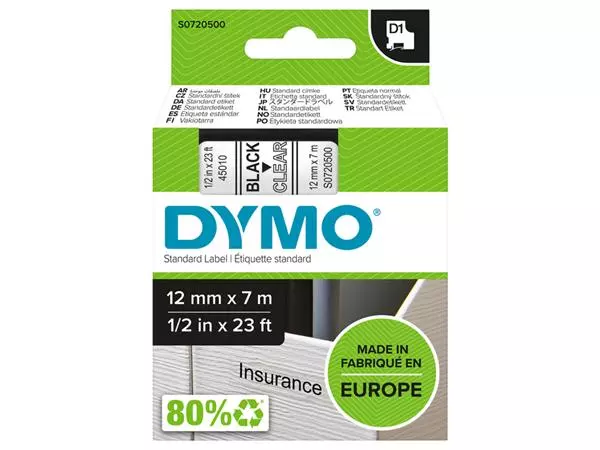 Een Labeltape Dymo LabelManager D1 polyester 12mm zwart op transparant koop je bij MV Kantoortechniek B.V.