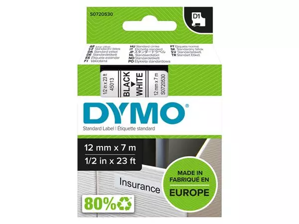 Een Labeltape Dymo D1 45013 720530 12mmx7m polyester zwart op wit koop je bij Van Leeuwen Boeken- en kantoorartikelen