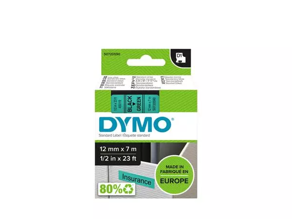 Een Labeltape Dymo LabelManager D1 polyester 12mm zwart op groen koop je bij Van Leeuwen Boeken- en kantoorartikelen
