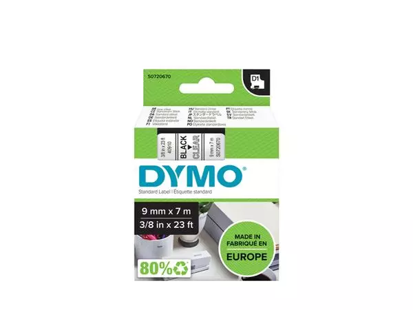 Een Labeltape Dymo LabelManager D1 polyester 9mm zwart op transparant koop je bij Van Leeuwen Boeken- en kantoorartikelen