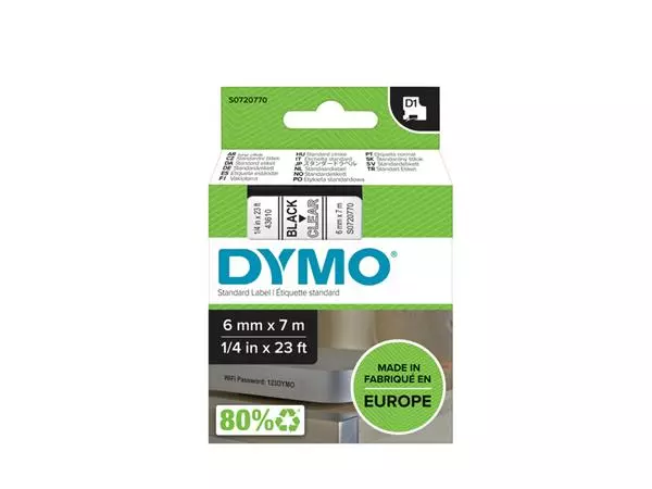 Labeltape Dymo D1 43610 720770 6mmx7m polyester zwart op transparant