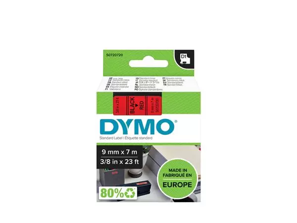 Een Labeltape Dymo LabelManager D1 polyester 9mm zwart op rood koop je bij Goedkope Kantoorbenodigdheden