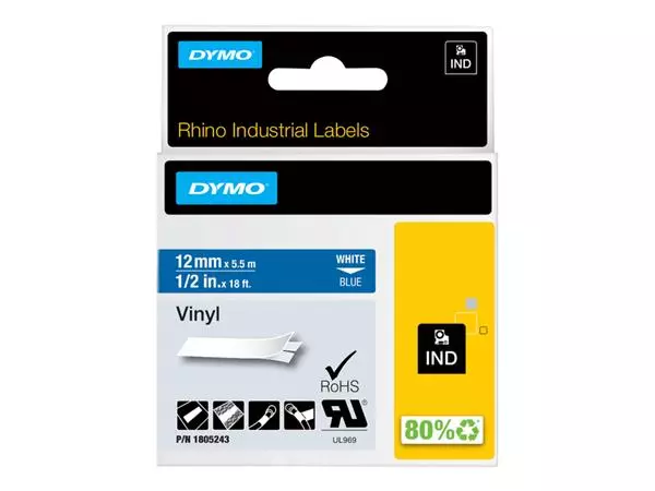 Een Labeltape Dymo Rhino industrieel vinyl 12mm wit op blauw koop je bij KantoorProfi België BV
