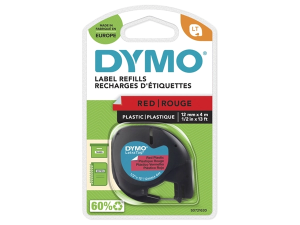 Een Labeltape Dymo LetraTag plastic 12mm zwart op rood koop je bij MegaOffice