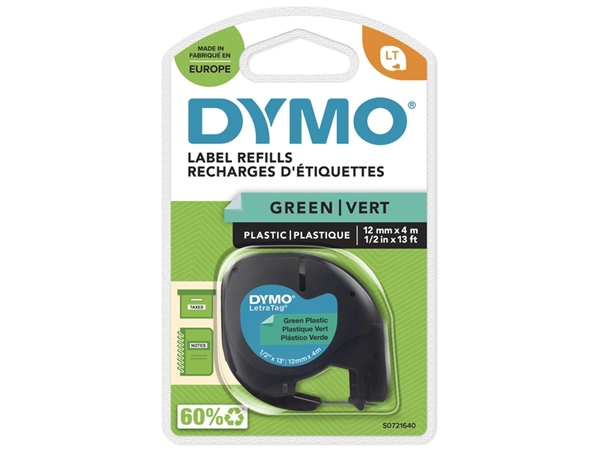 Een Labeltape Dymo LetraTag plastic 12mm zwart op groen koop je bij Van Hoye Kantoor BV