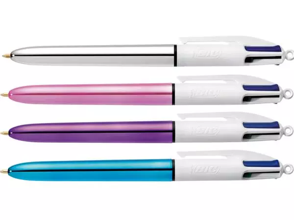 Een Balpen Bic 4kleuren shine medium zilver/paars/roze/blauw koop je bij Buro De Peuter