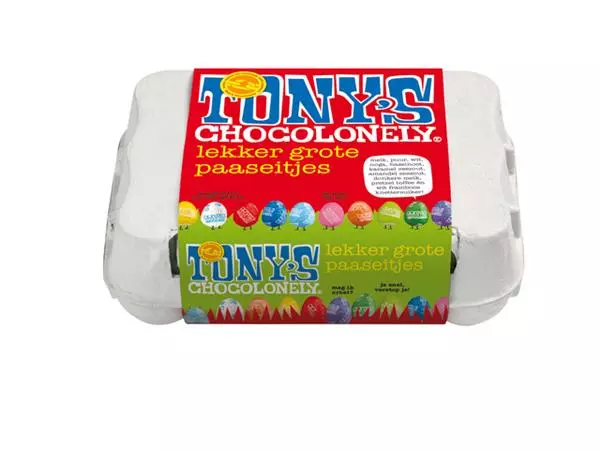 Een Chocolade Tony's Chocolonely paaseitjes doos mix 12 stuks koop je bij Unimark Office B.V.