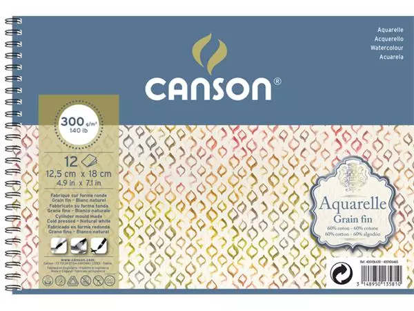 Een Aquarelblok Canson 12.5x18cm 12V 300gr fijn spiraal koop je bij EconOffice