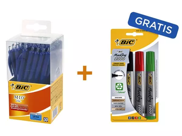 Een Balpen Bic M10 clic medium blauw valuepack à 50 stuks incl 4 st viltstiften koop je bij EconOffice